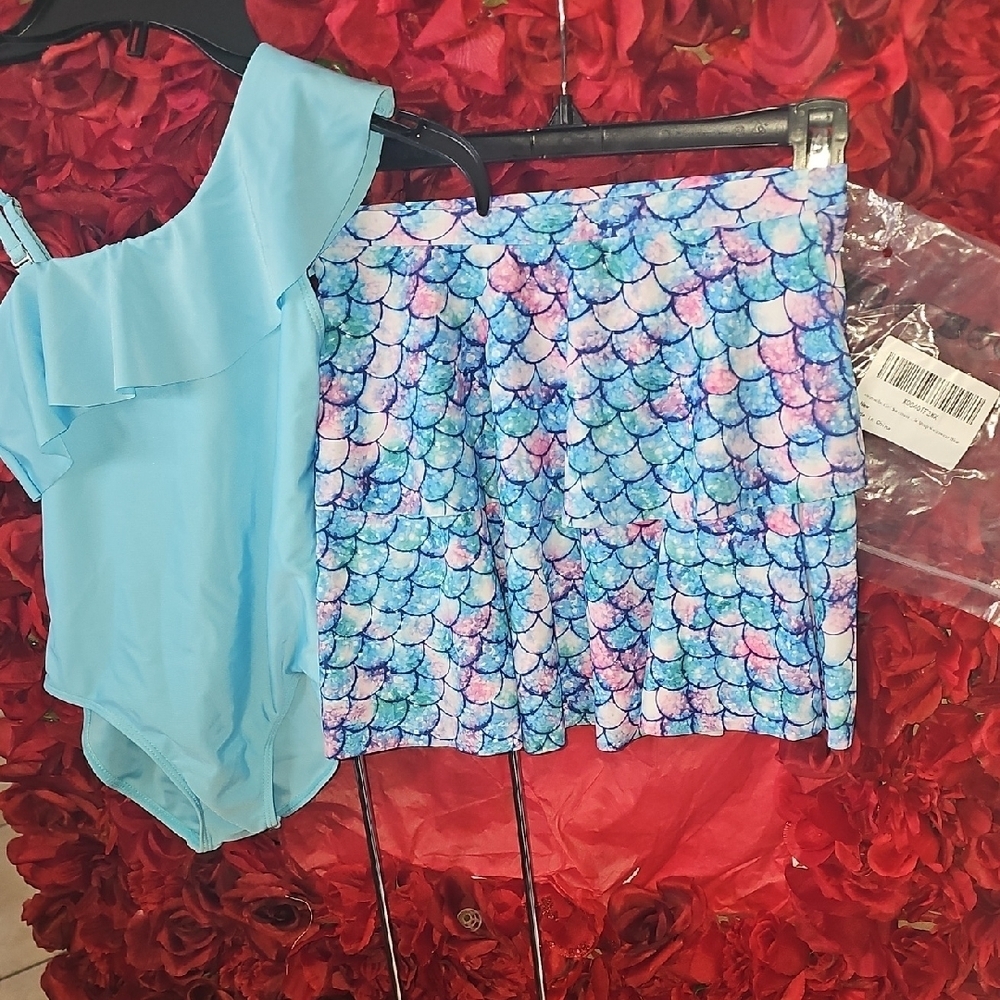 Girls NW BAG Blue Ruffle Swimsuit and Mermaid Skirt Set Size 8T